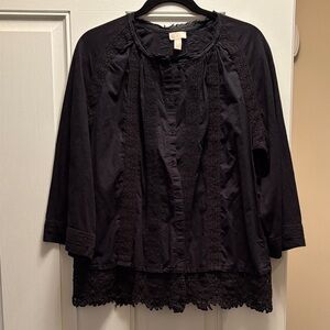 LOGO by Lori Goldstein Black Lace Trim Blouse